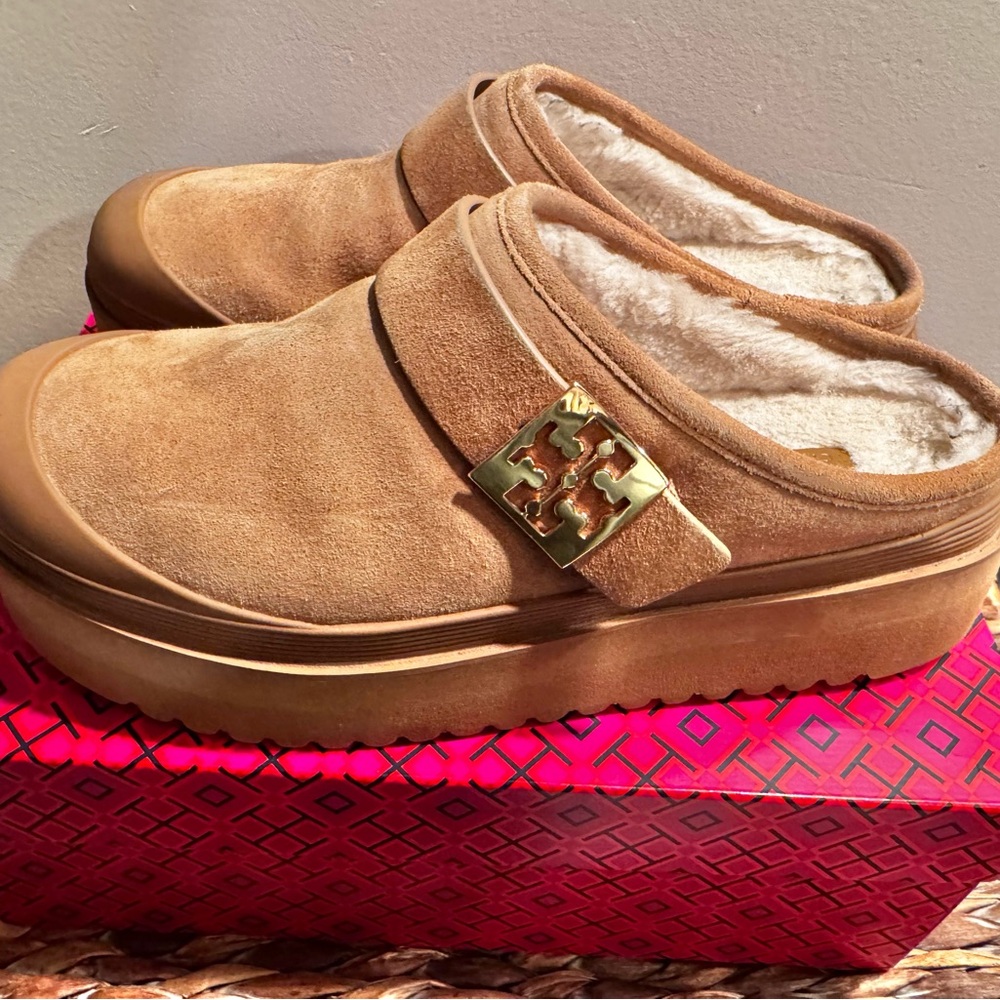 Tory Burch Brown Suede Mules with Gold Accent